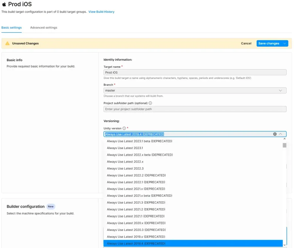 Unity deprecated versions